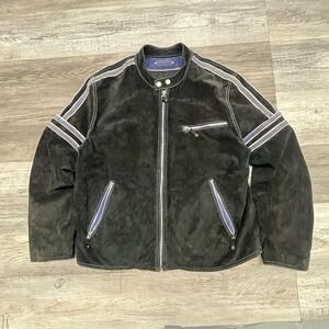 Wilsons Leather M. Julian Black Blue Racing Stripe Cafe Racer Suede Jacket L